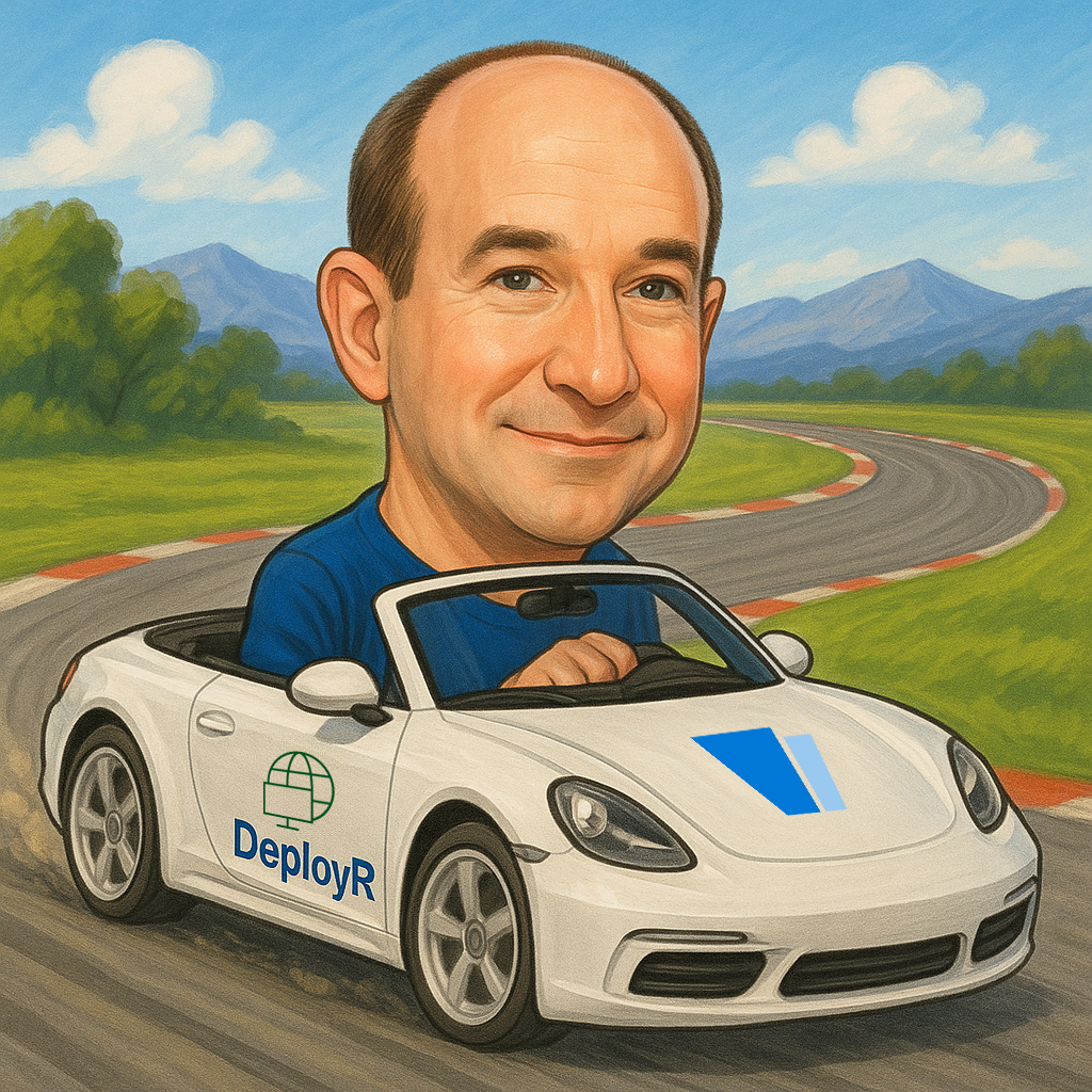 MT-DeployR-image.png Caricature of Mike Terrill driving a 2Pint Software branded car on a track